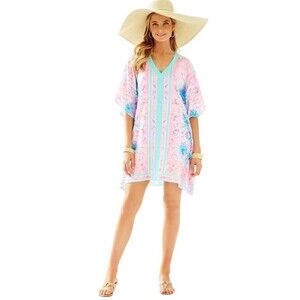 $198 Lilly Pulitzer THEA V-NECK CAFTAN DRESS Pink Coral Blue Sea Urchin XS